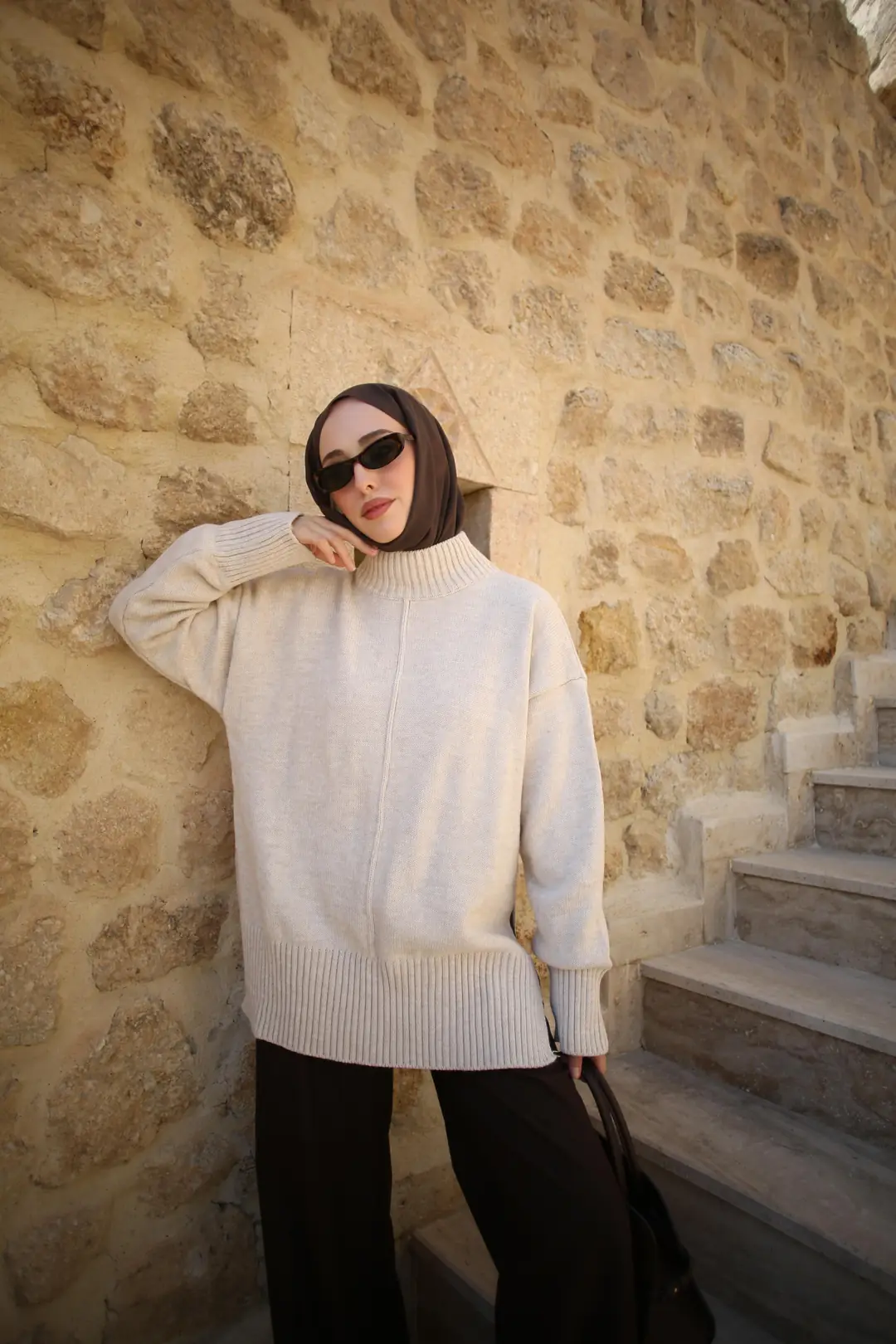 Tek Yaka Triko Kazak Bej - Görsel 5