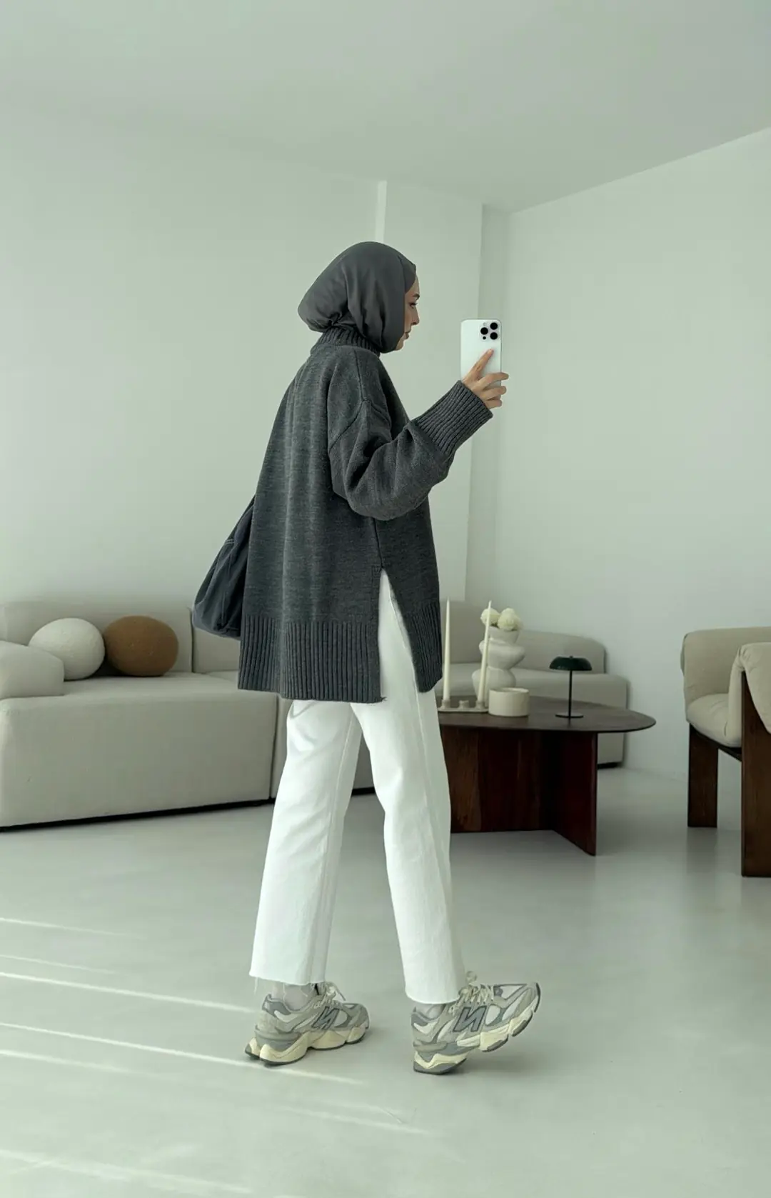 Tek Yaka Triko Kazak Gri - Görsel 2