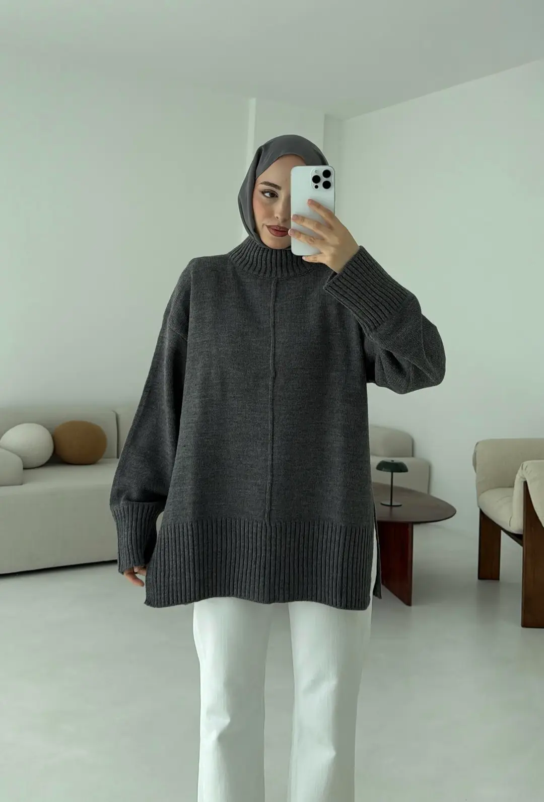 Tek Yaka Triko Kazak Gri - Görsel 4