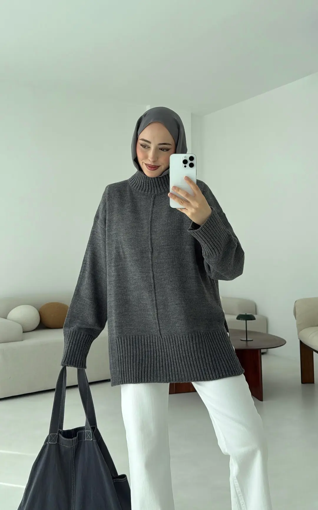 Tek Yaka Triko Kazak Gri - Görsel 5