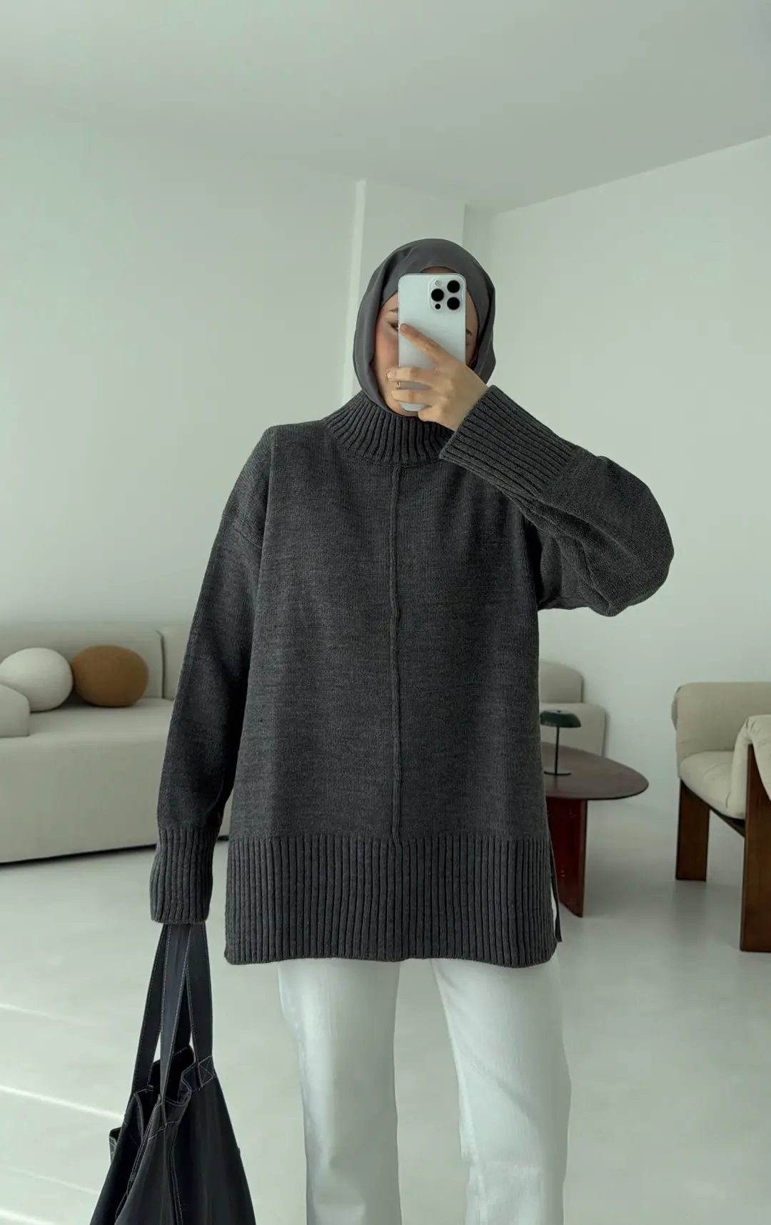 Tek Yaka Triko Kazak Gri - Görsel 6