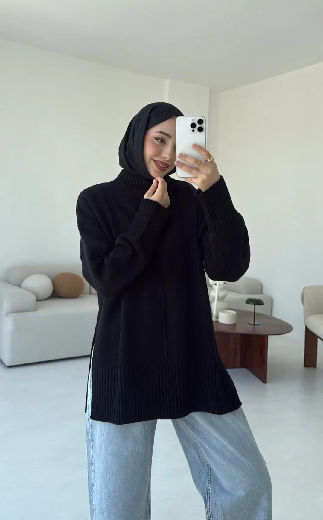 Tek Yaka Triko Kazak Siyah - Görsel 5