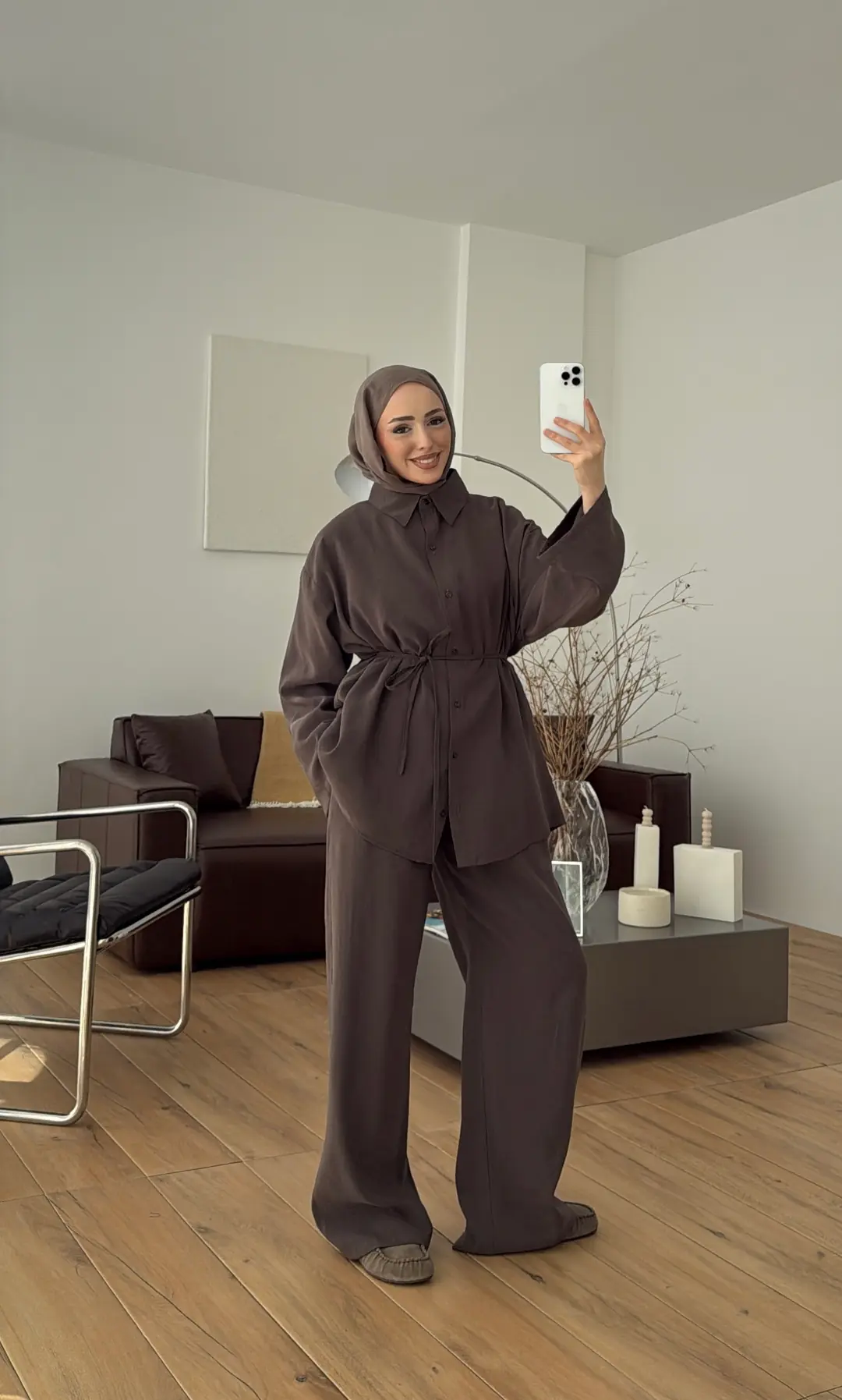 Tencel Bağlamalı Takım Kahve - Görsel 3