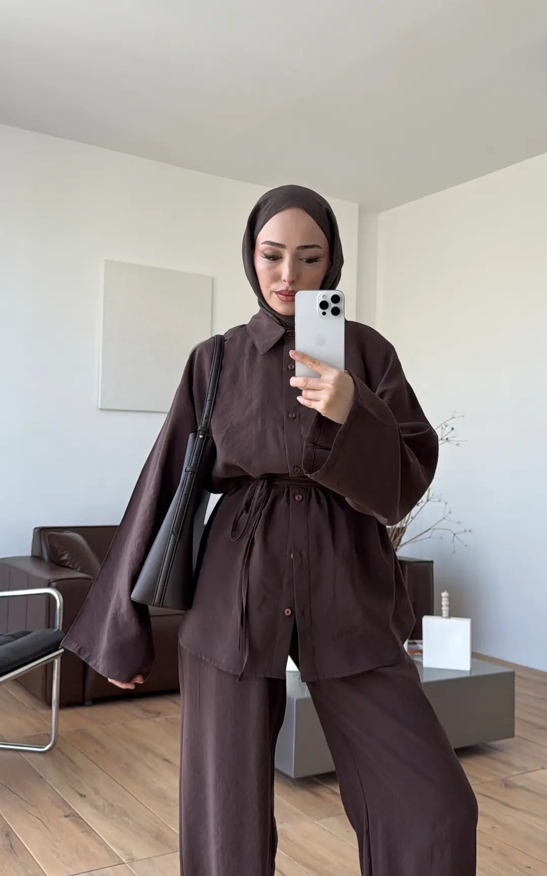 Tencel Bağlamalı Takım Kahve - Görsel 4