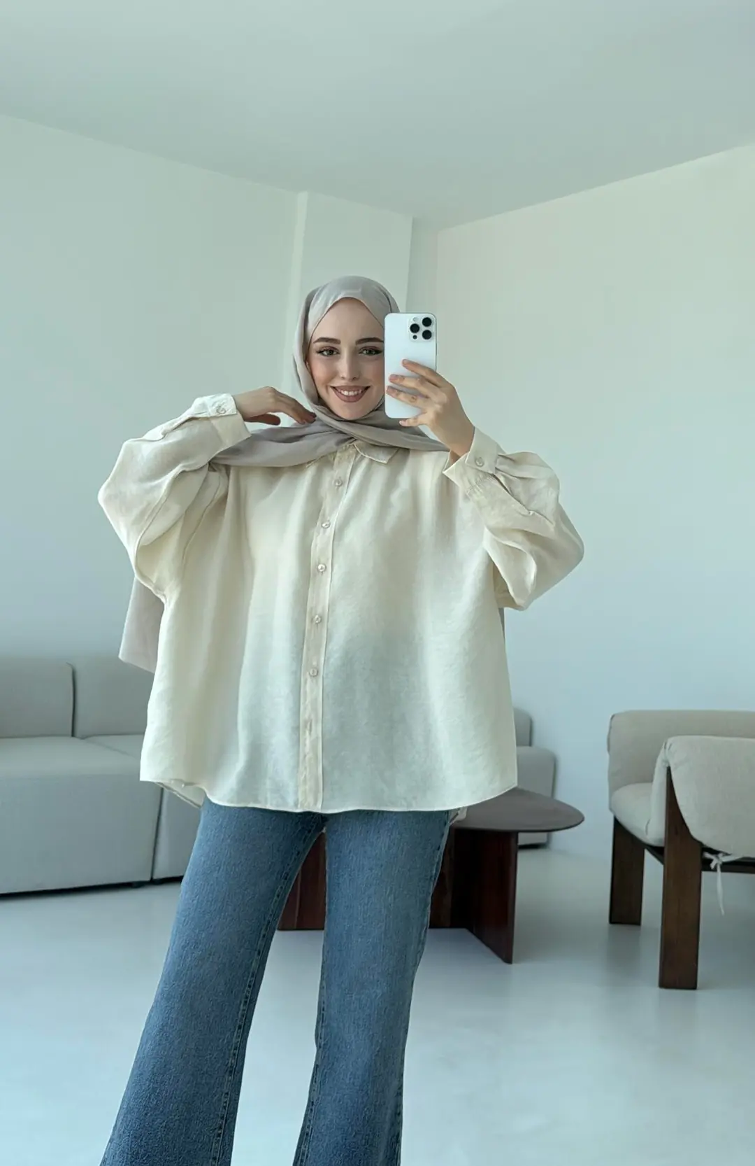 Tencel Pis Dikiş Oversize Krem Gömlek