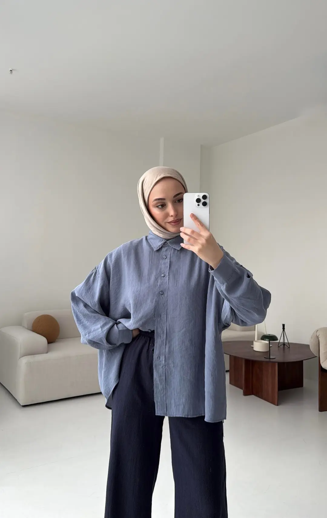 Tencel Pis Dikiş Oversize Mavi Gömlek - Görsel 2