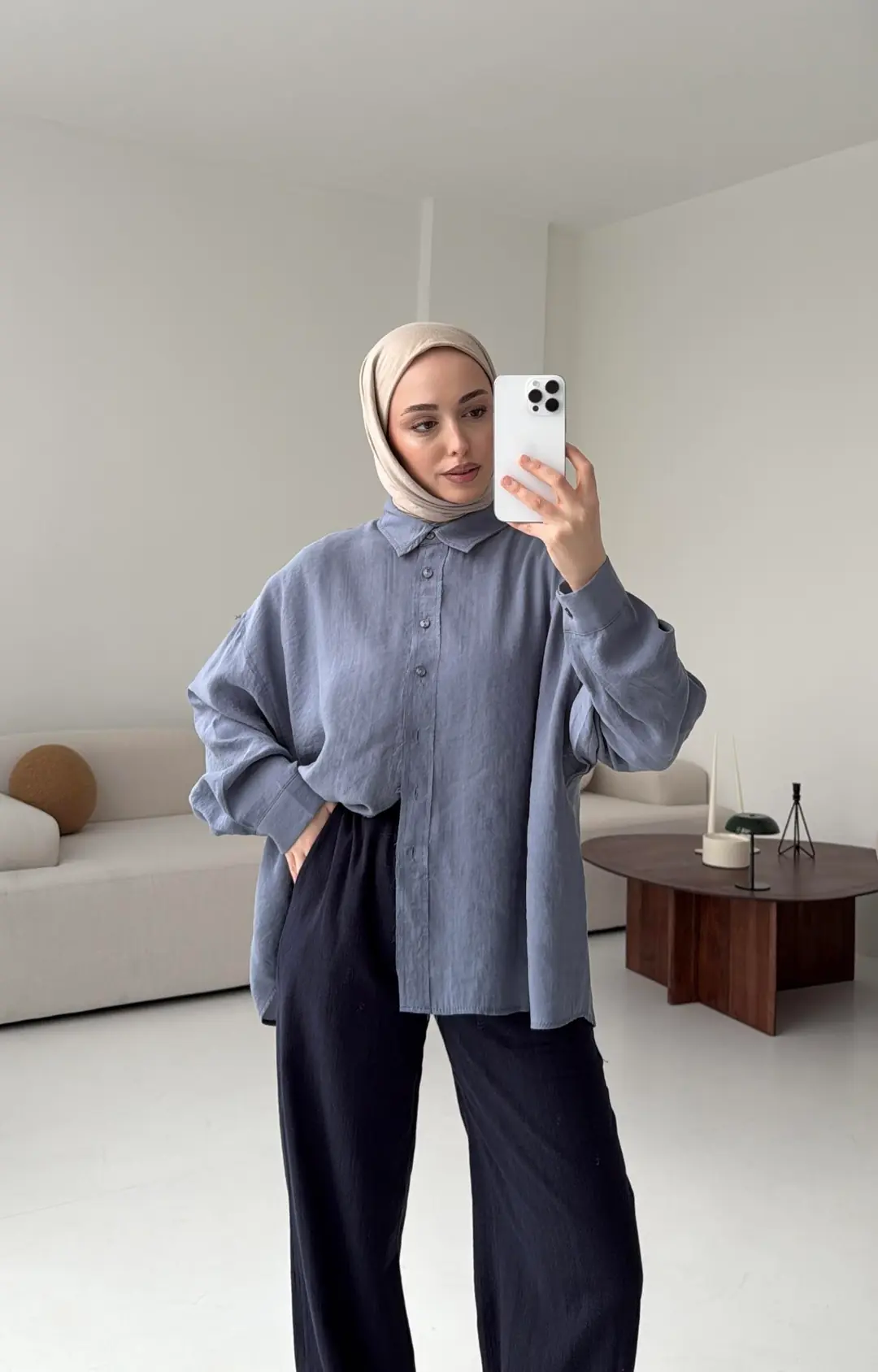 Tencel Pis Dikiş Oversize Mavi Gömlek - Görsel 3