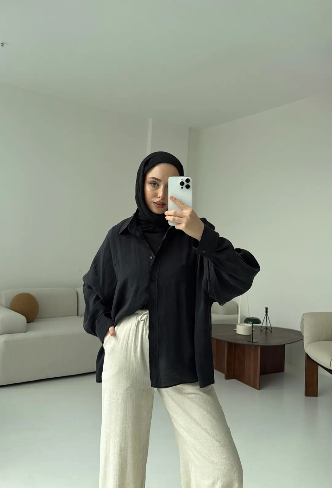 Tencel Pis Dikiş Oversize Siyah Gömlek