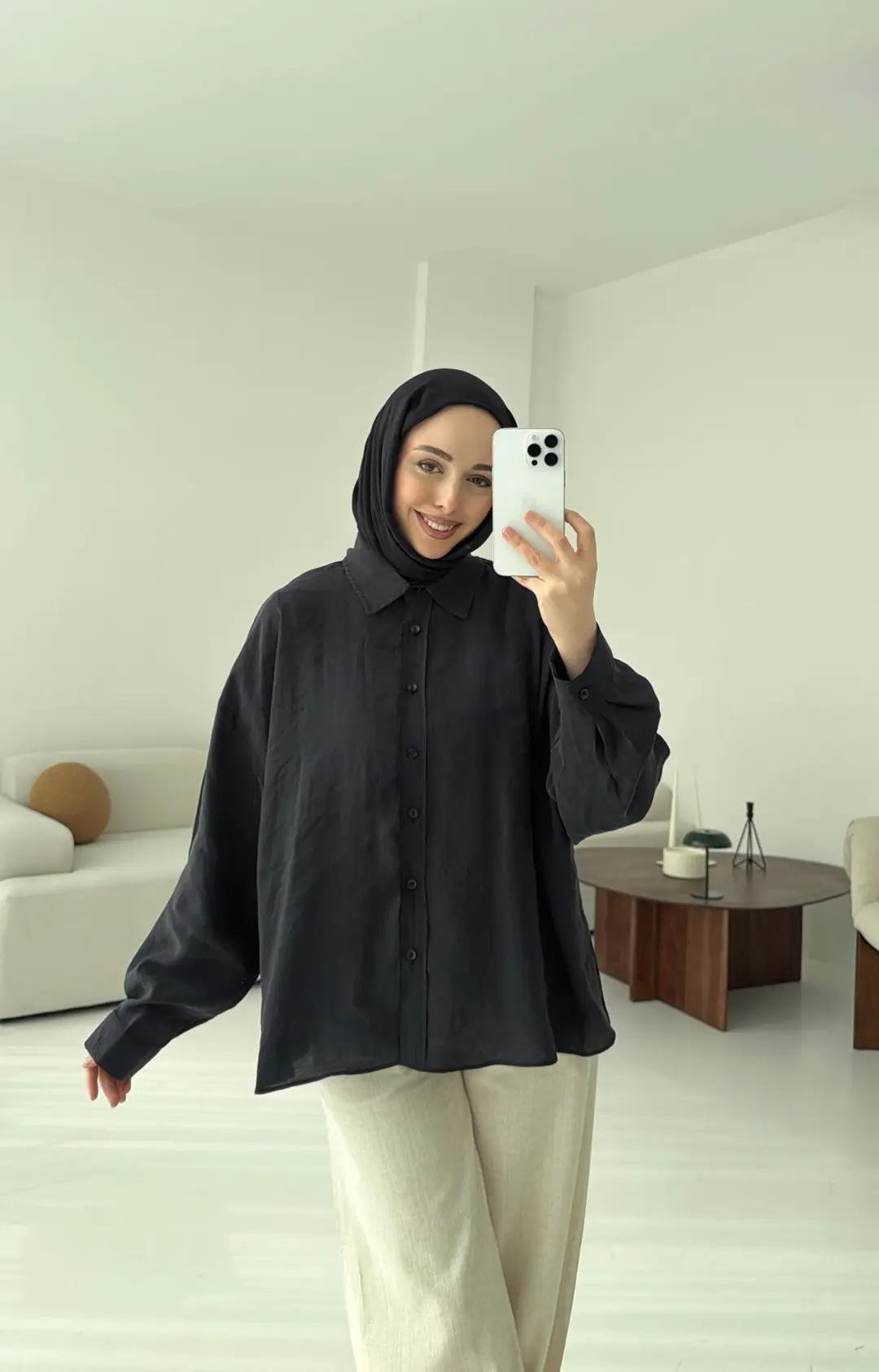 Tencel Pis Dikiş Oversize Siyah Gömlek - Görsel 5