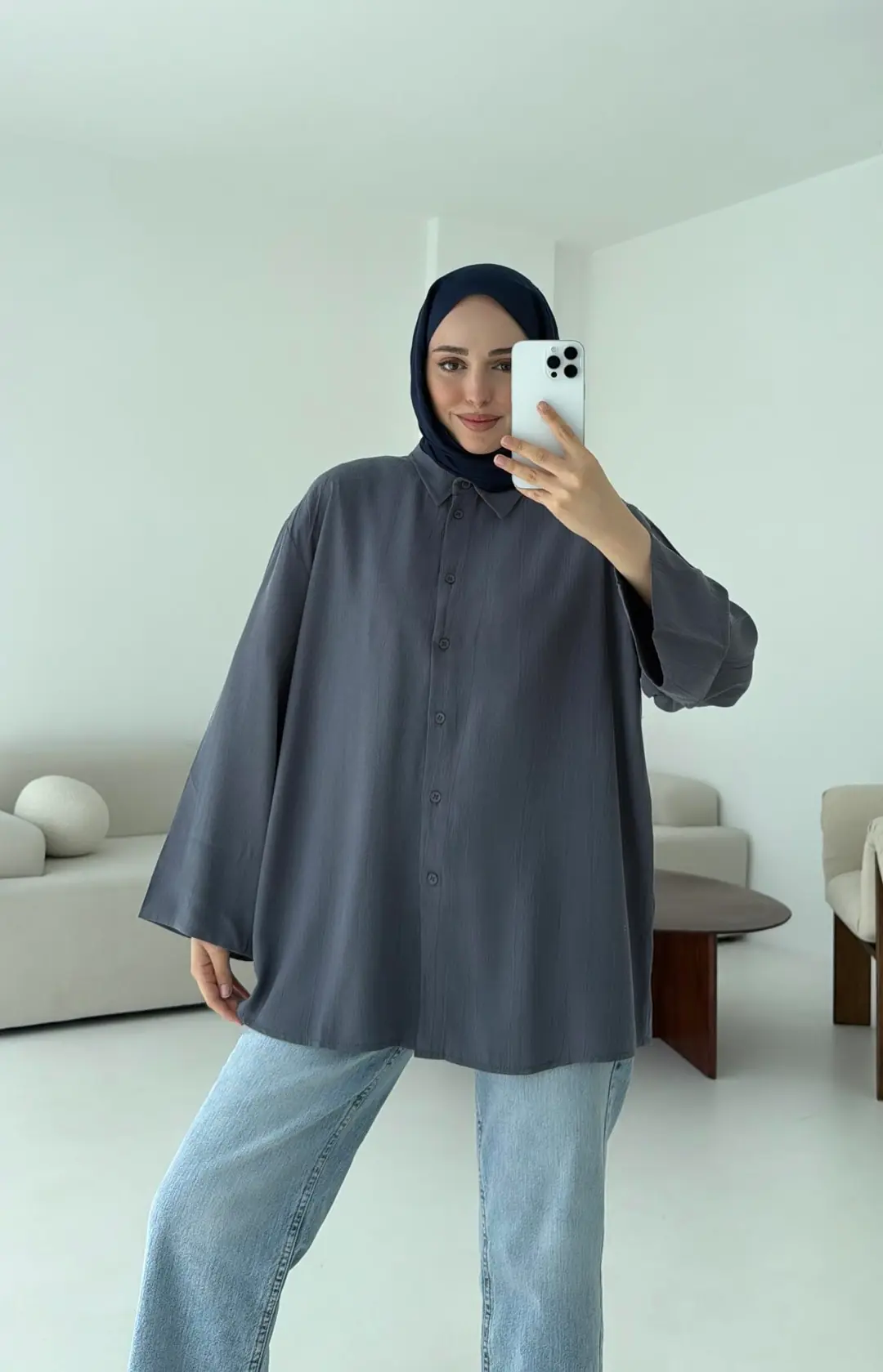 Tencel Yıkamalı Gömlek Antrasit - Görsel 4