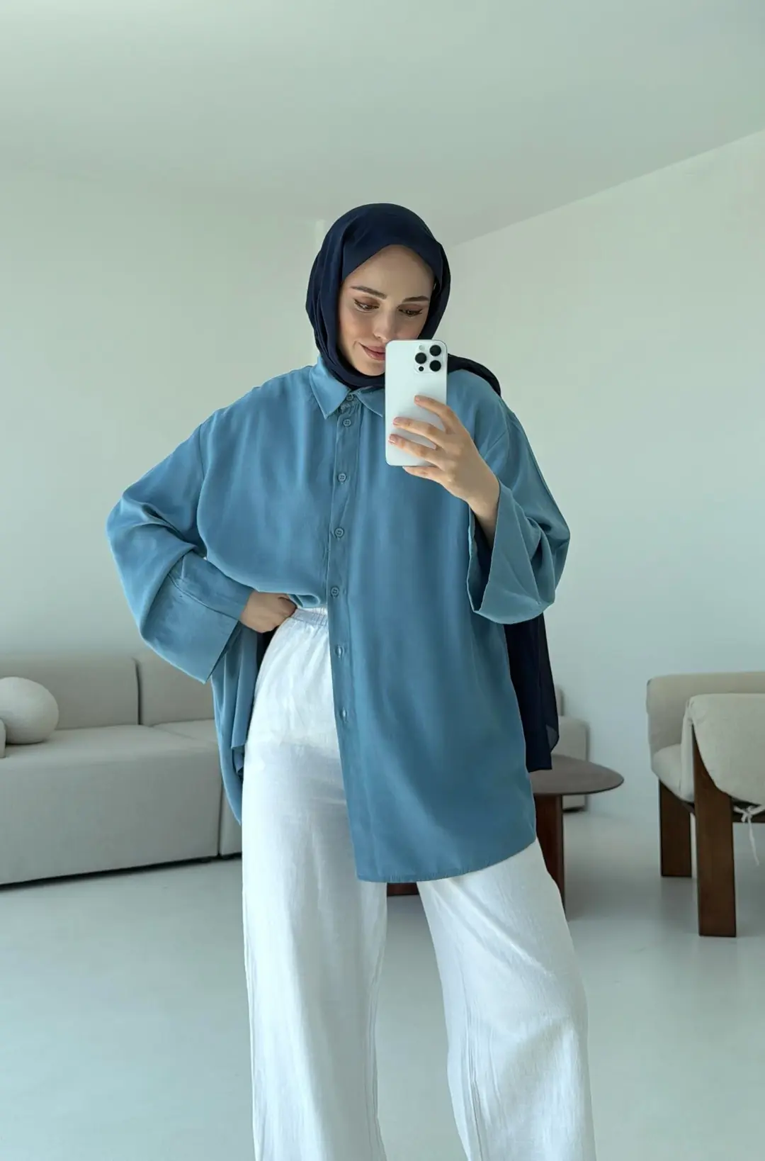 Tencel Yıkamalı Gömlek Mavi - Görsel 6