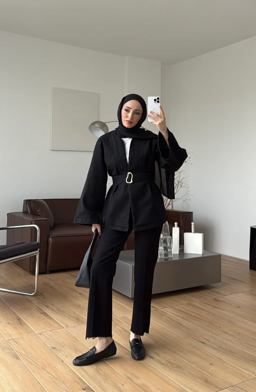 Toka Kemerli Kot Ceket Siyah - Görsel 5