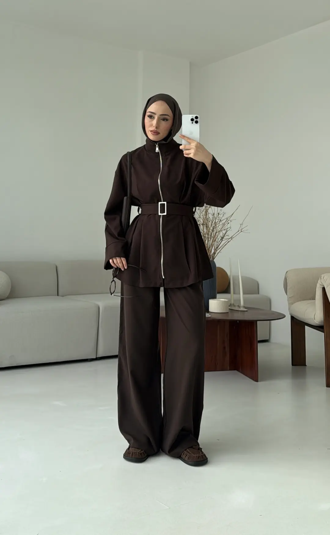 Tokalı Kemerli Pileli Tunik Takım Acı Kahve