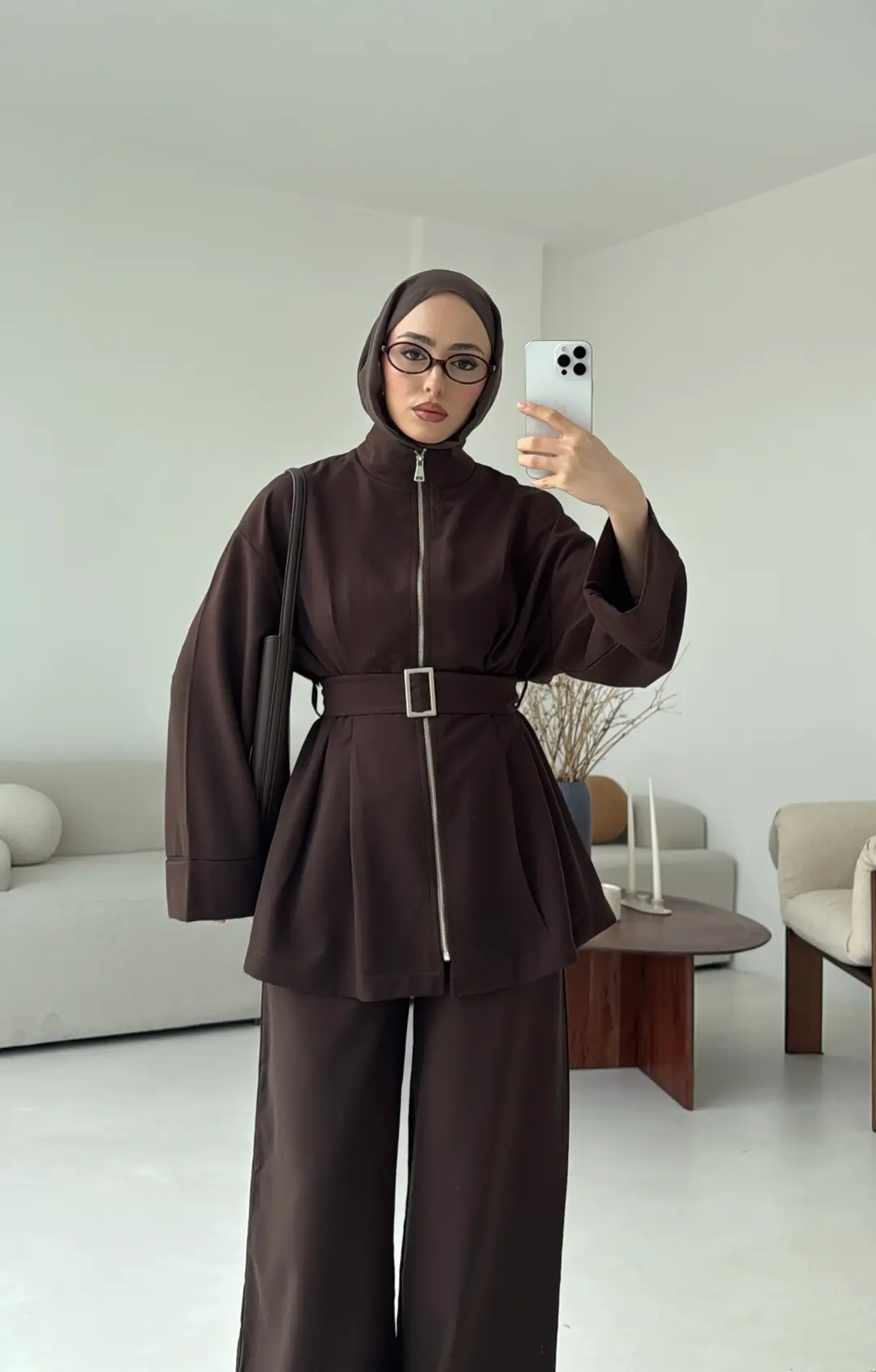 Tokalı Kemerli Pileli Tunik Takım Acı Kahve - Görsel 4