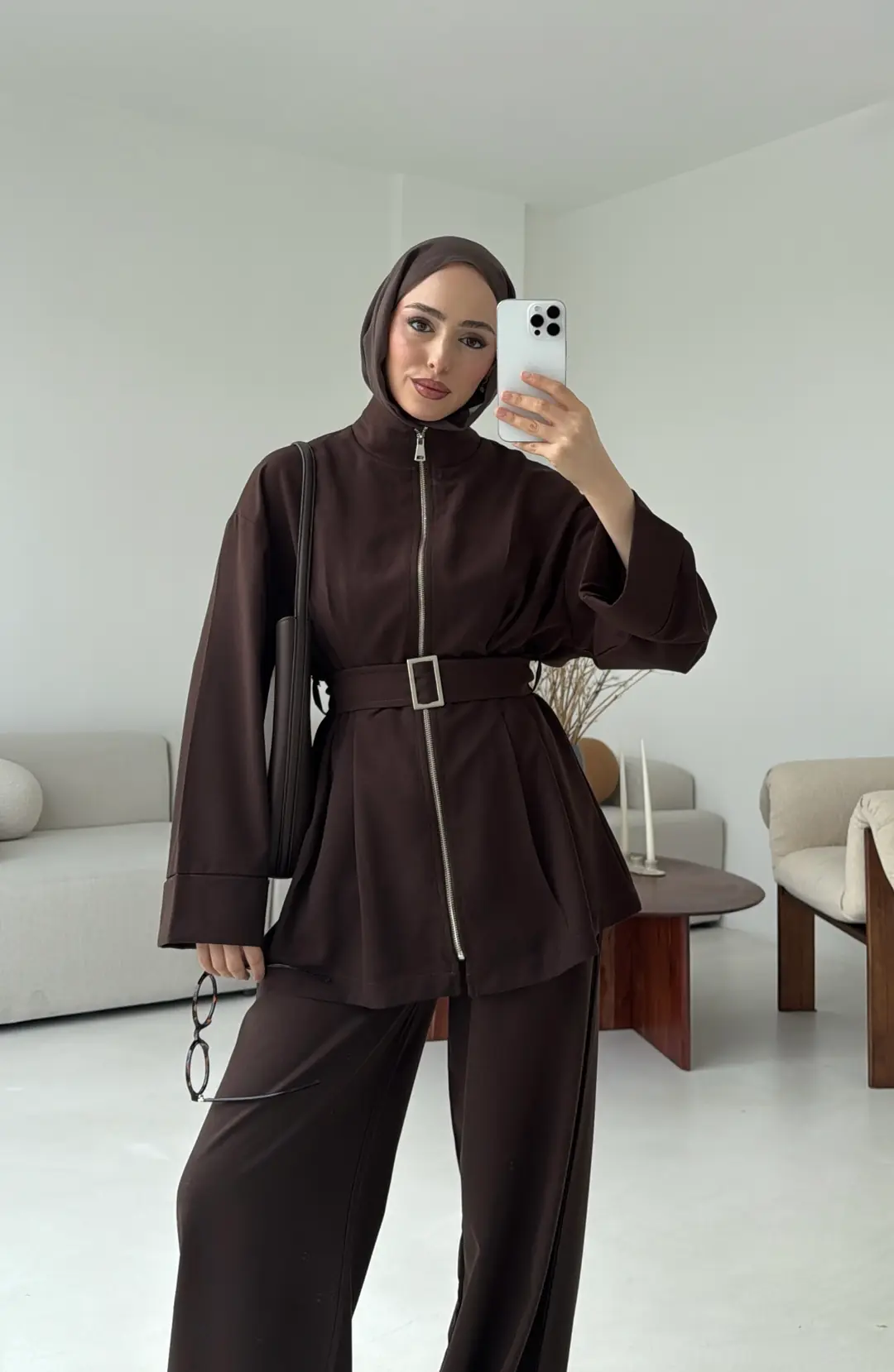 Tokalı Kemerli Pileli Tunik Takım Acı Kahve - Görsel 5