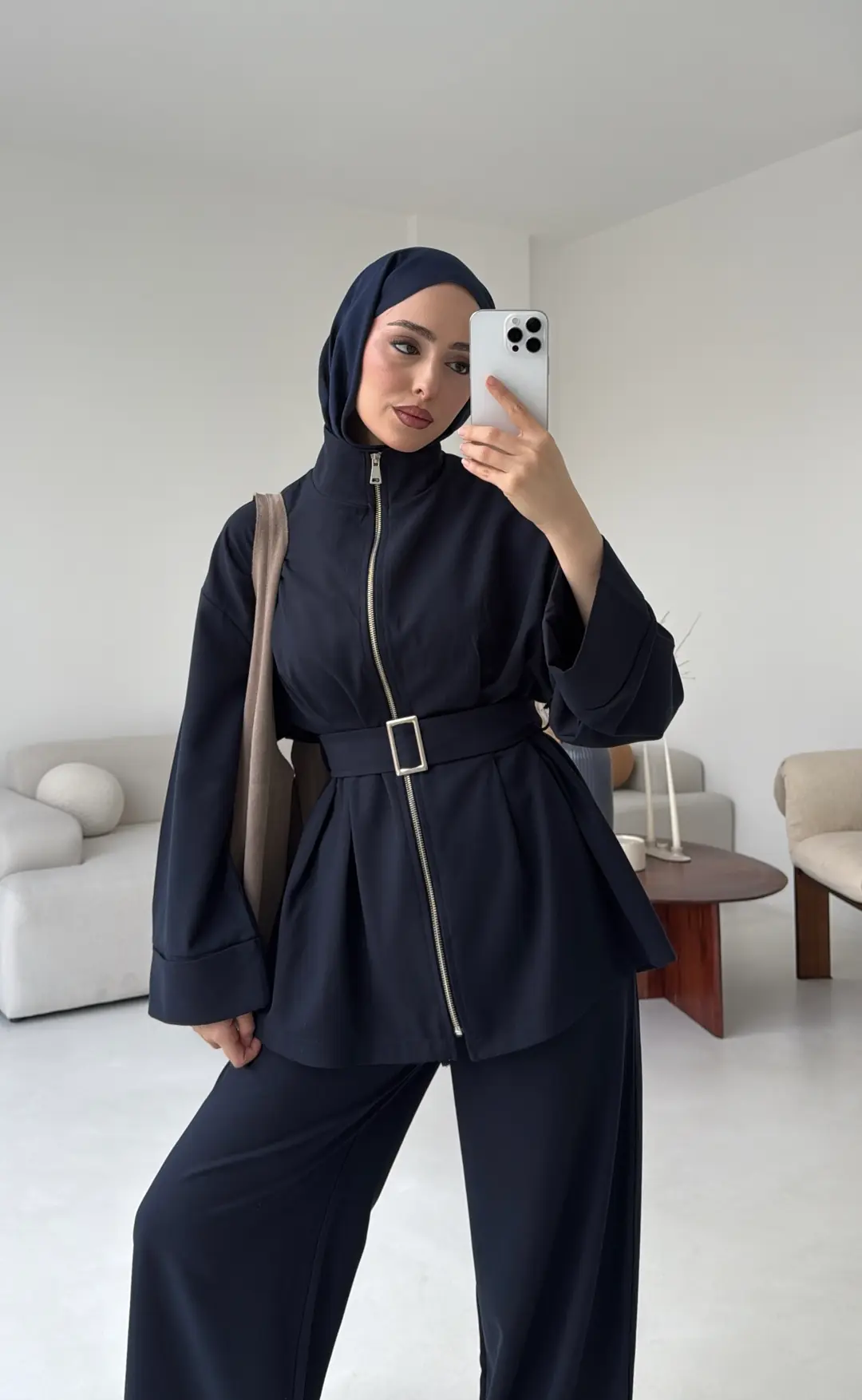 Tokalı Kemerli Pileli Tunik Takım Lacivert - Görsel 7