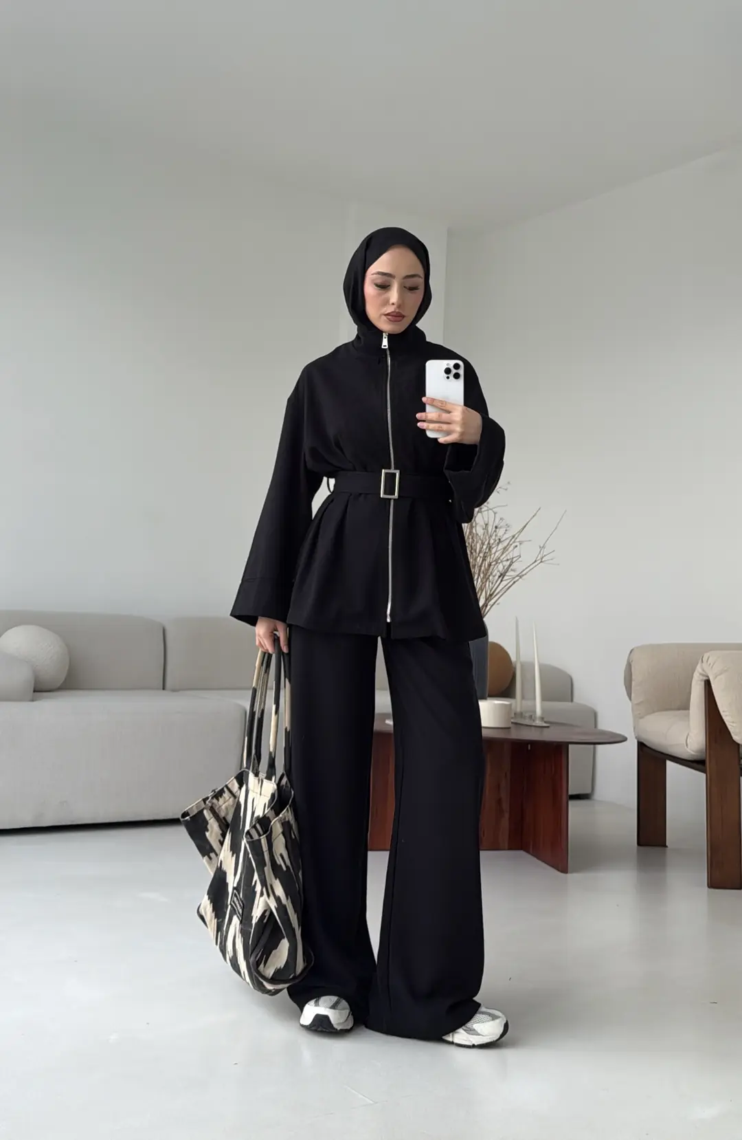 Tokalı Kemerli Pileli Tunik Takım Siyah