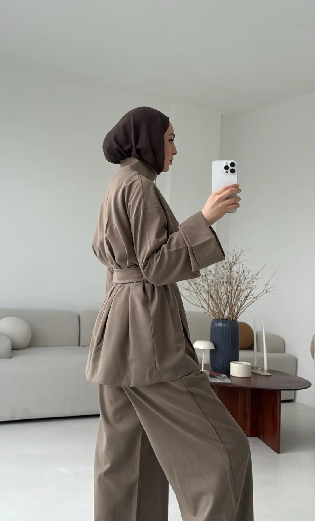 Tokalı Kemerli Pileli Tunik Takım Vizon - Görsel 2