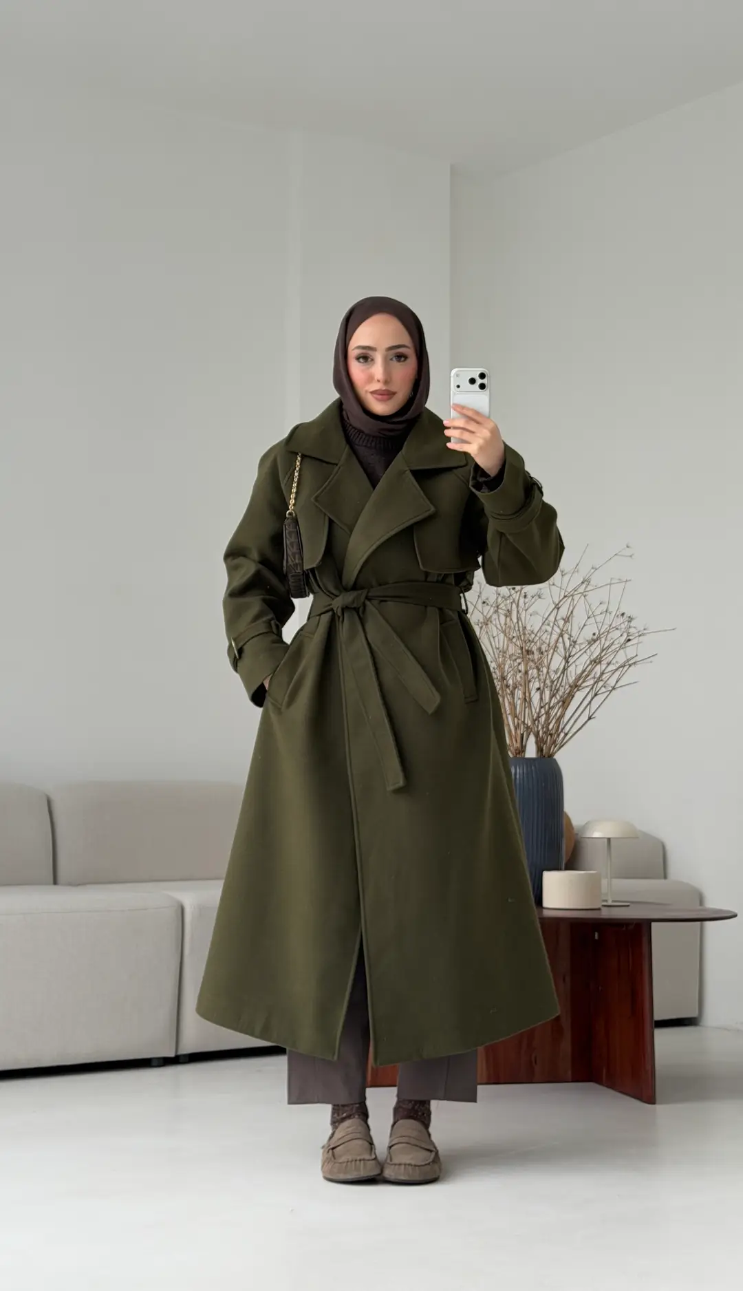 Tokalı Uzun Kaban Koyu Haki - Görsel 10