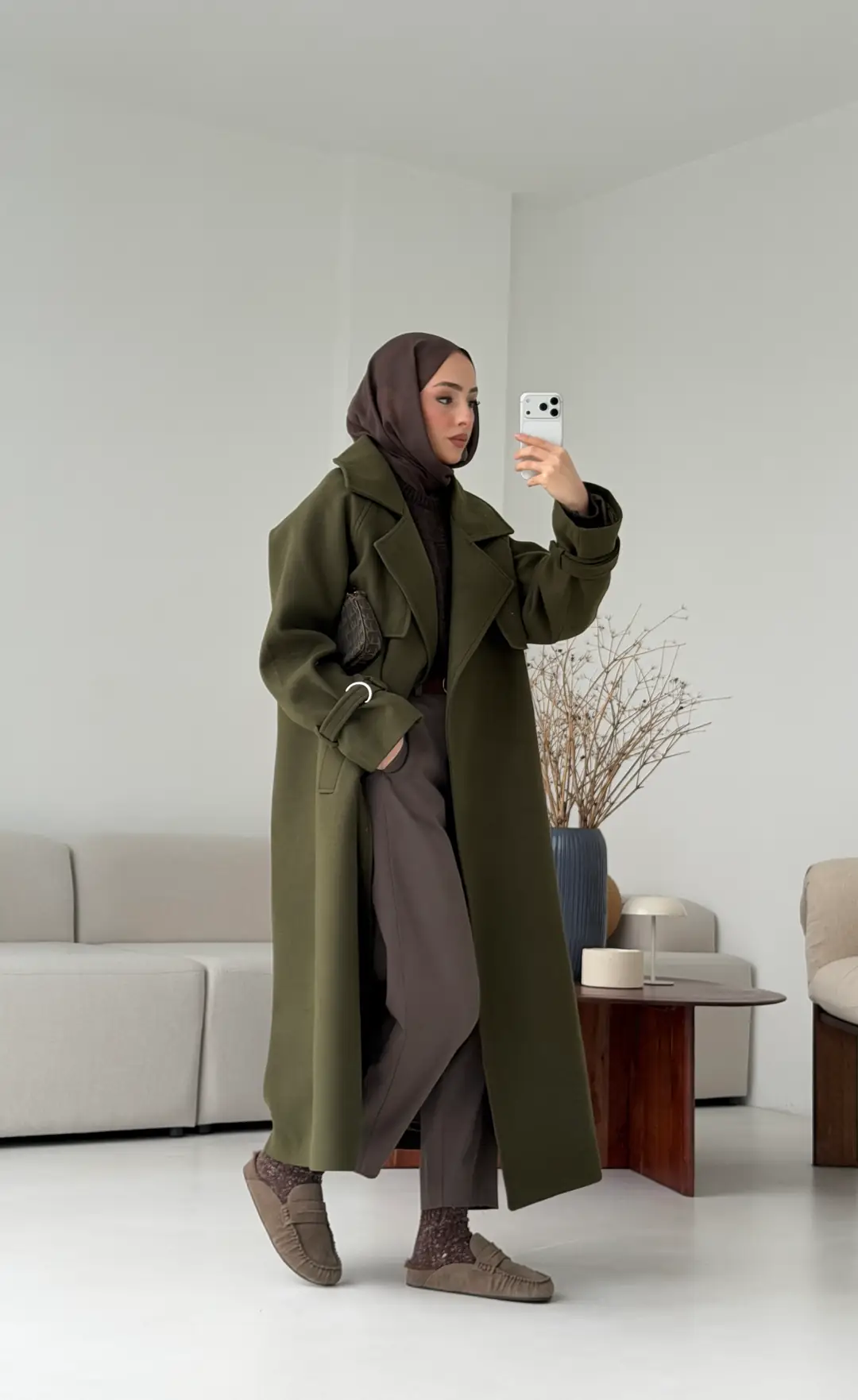 Tokalı Uzun Kaban Koyu Haki - Görsel 2