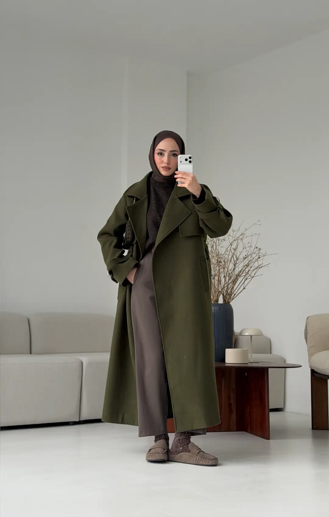 Tokalı Uzun Kaban Koyu Haki - Görsel 7