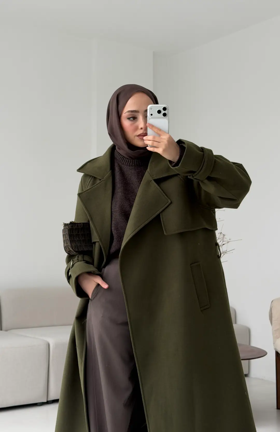 Tokalı Uzun Kaban Koyu Haki - Görsel 9