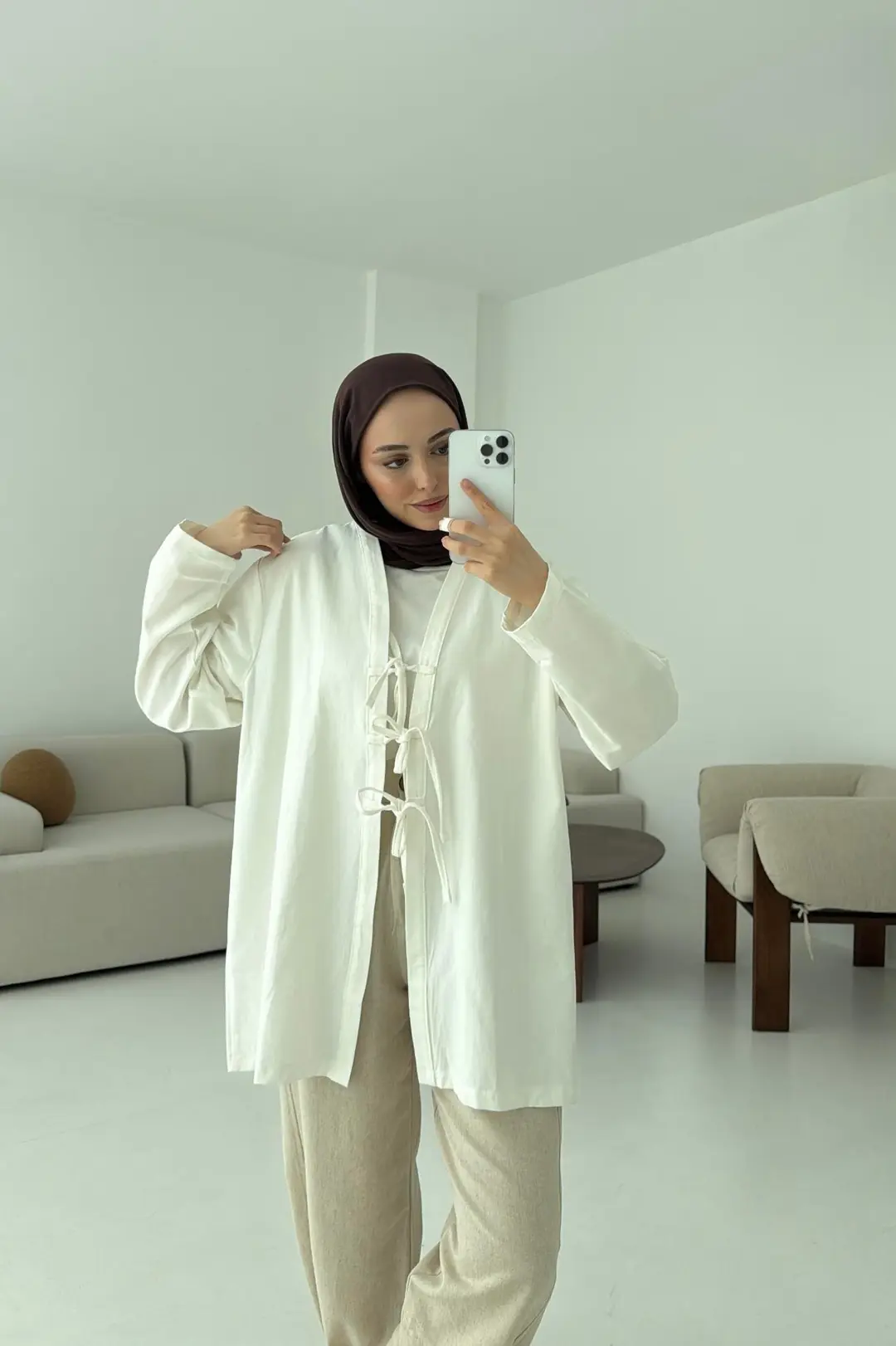 Üç Bağlamalı Kimono Beyaz - Görsel 5