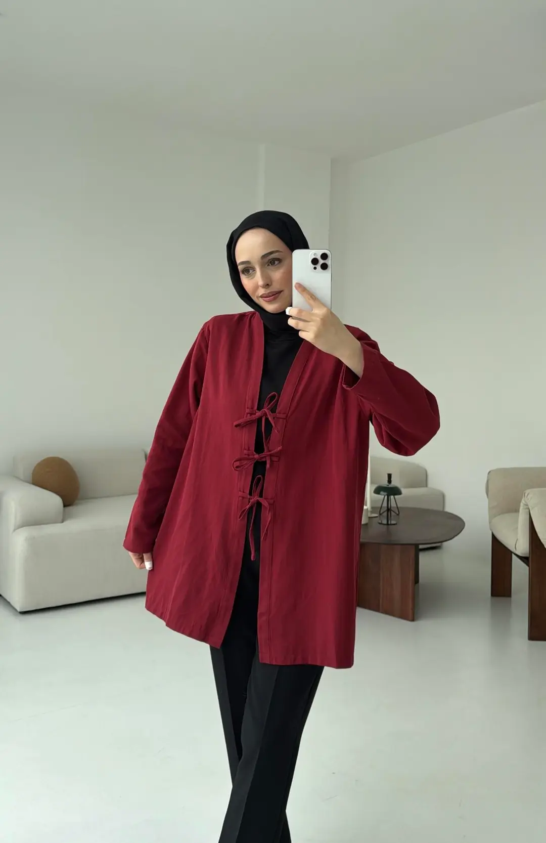 Üç Bağlamalı Kimono Bordo - Görsel 4