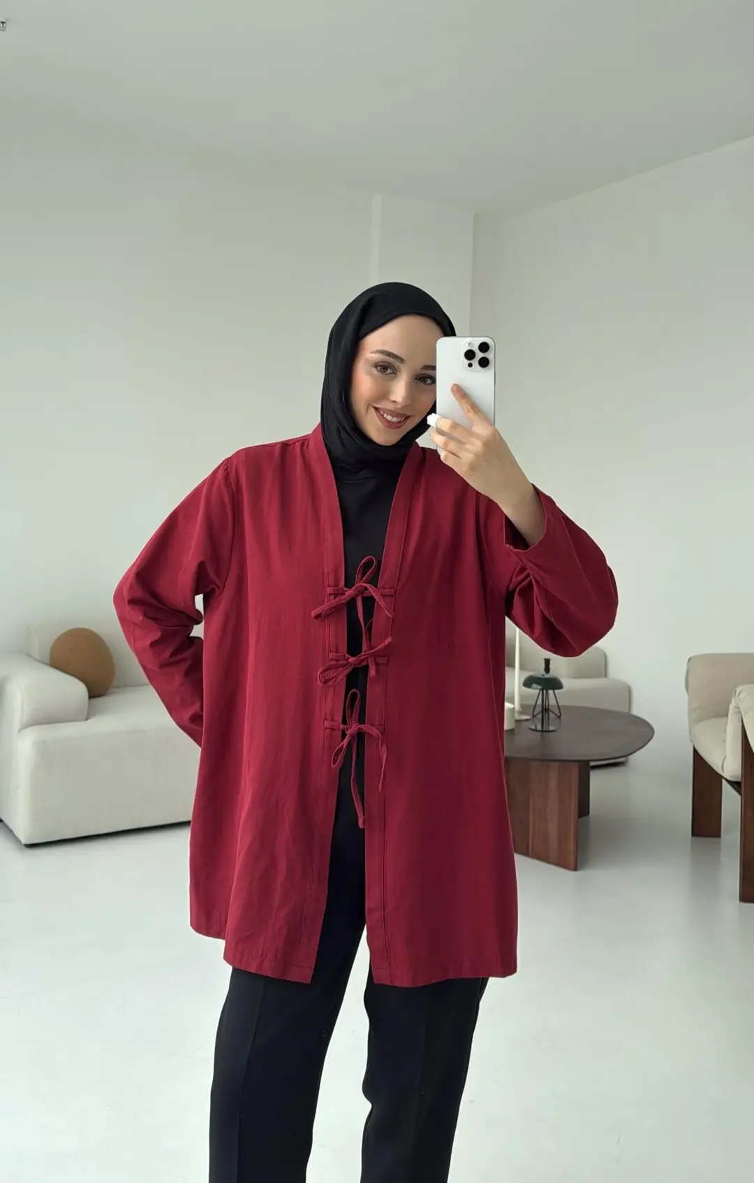 Üç Bağlamalı Kimono Bordo - Görsel 7