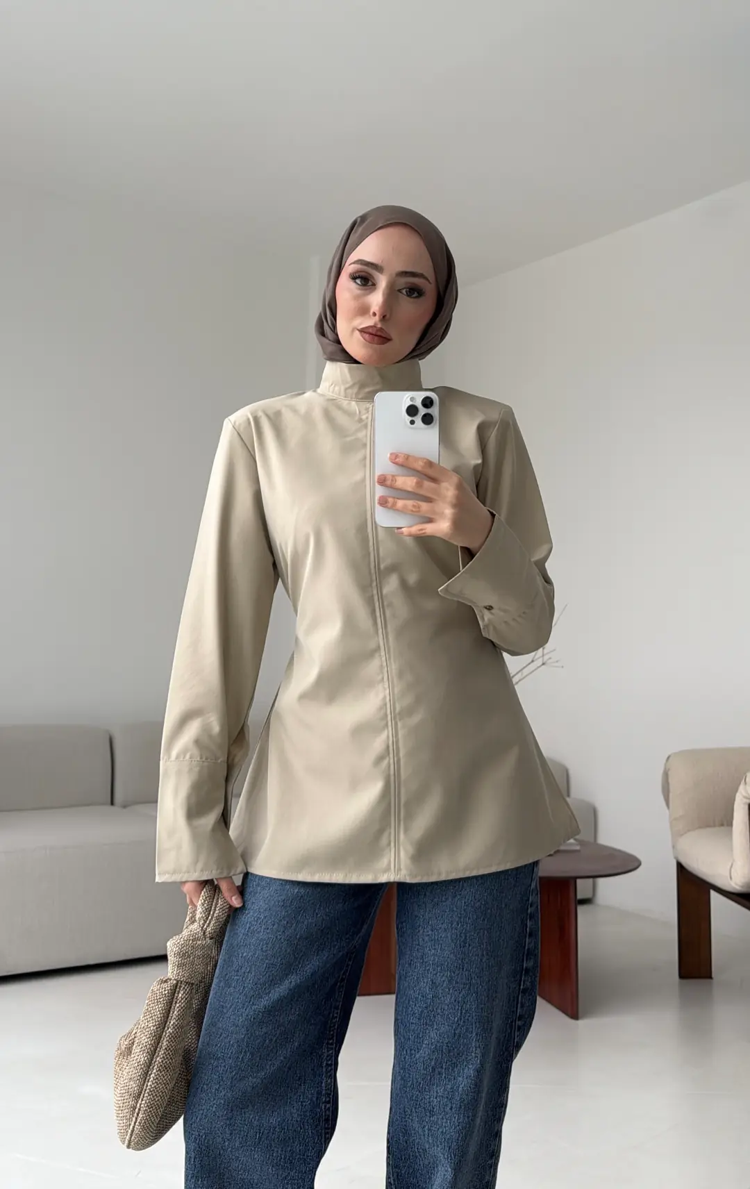 Vatkalı Bluz Bej - Görsel 5