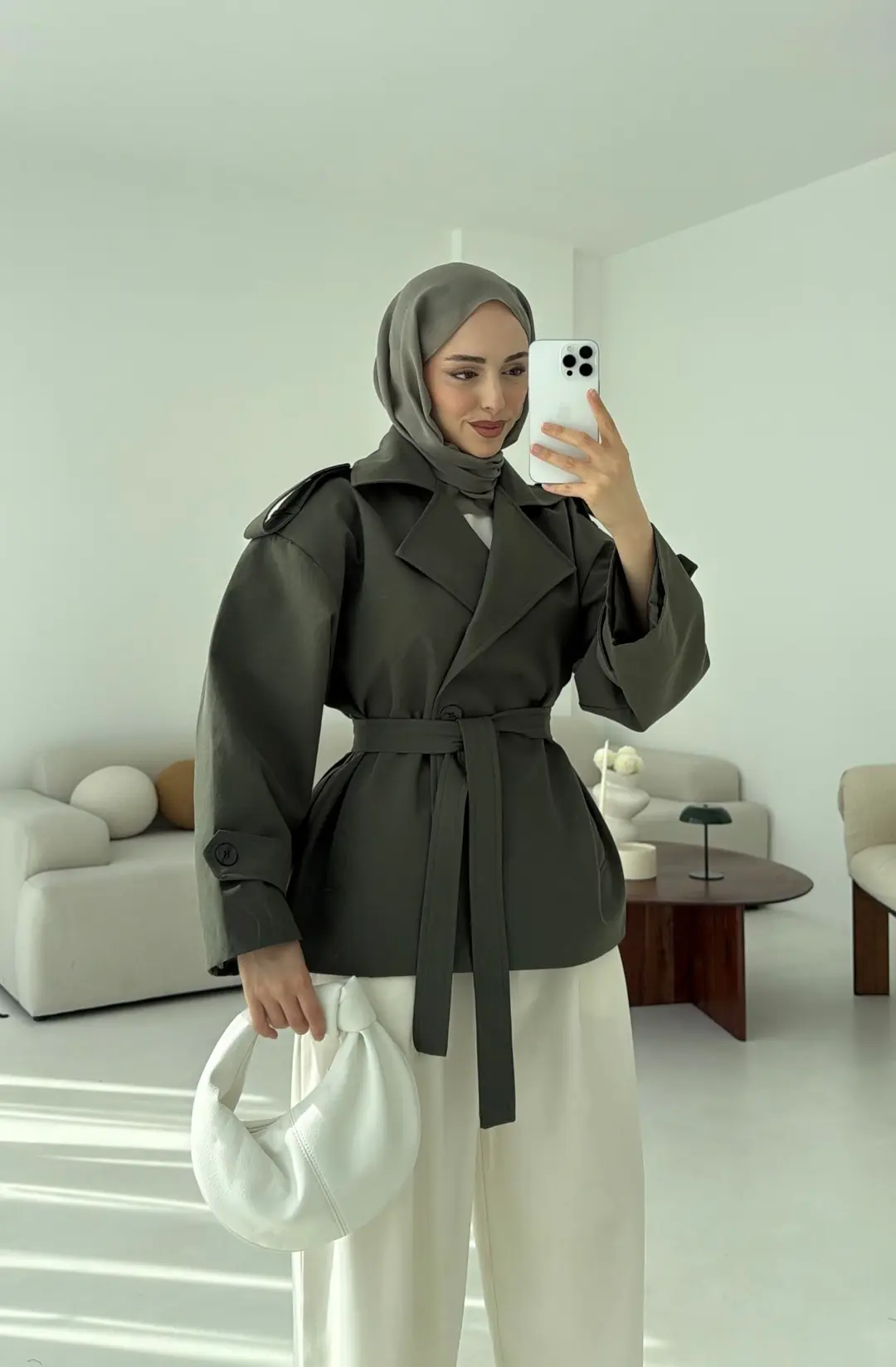 Vatkalı Kısa Trençkot Haki - Görsel 2