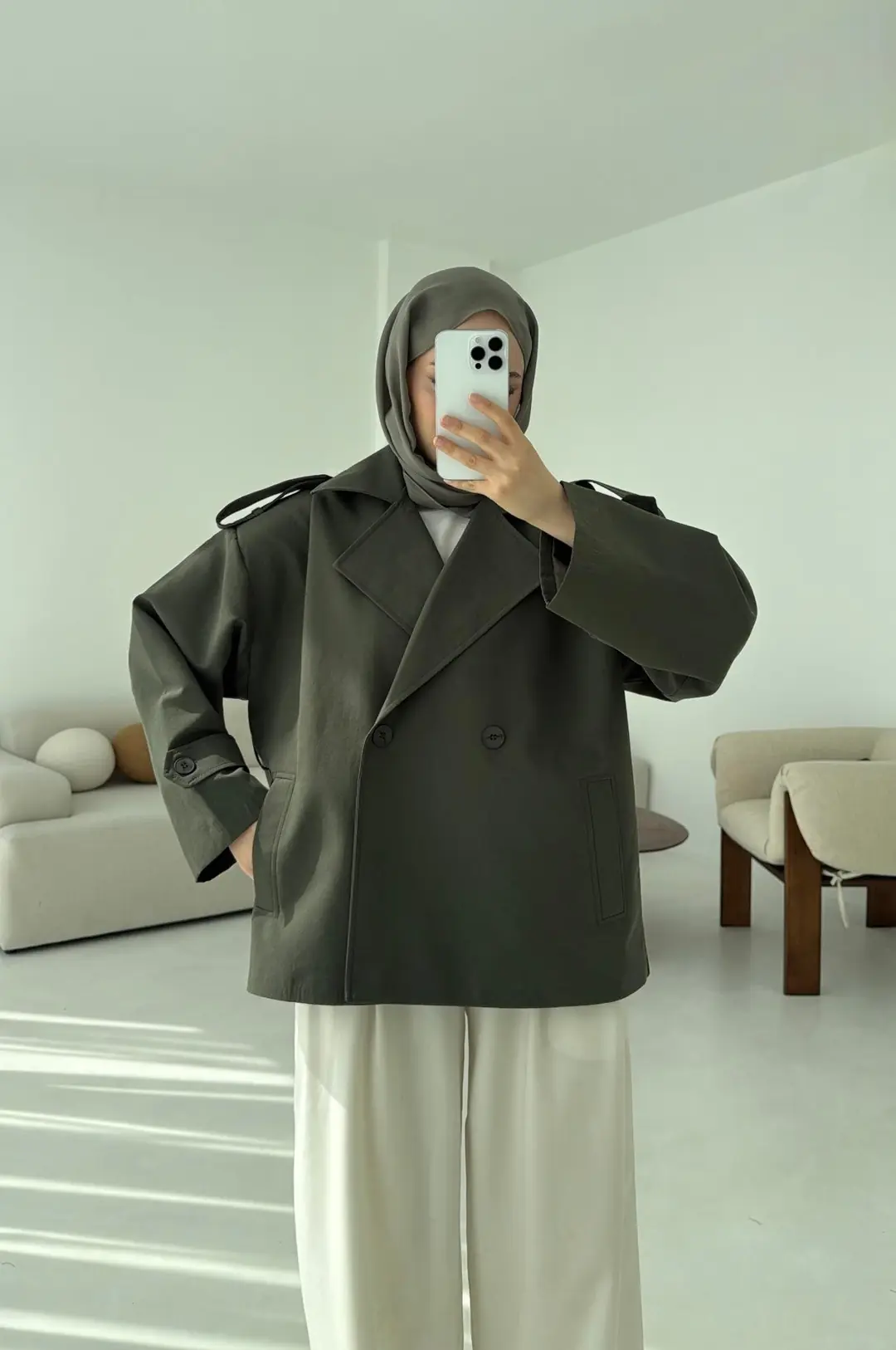 Vatkalı Kısa Trençkot Haki - Görsel 4