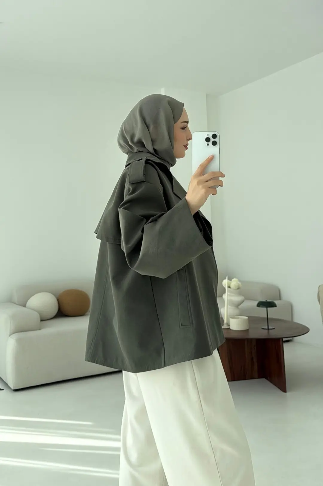 Vatkalı Kısa Trençkot Haki - Görsel 6