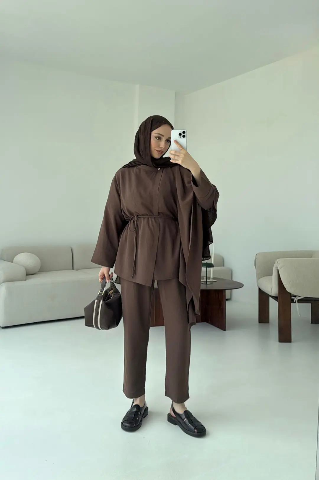 Volanlı Kimono Takım Kahve - Görsel 7