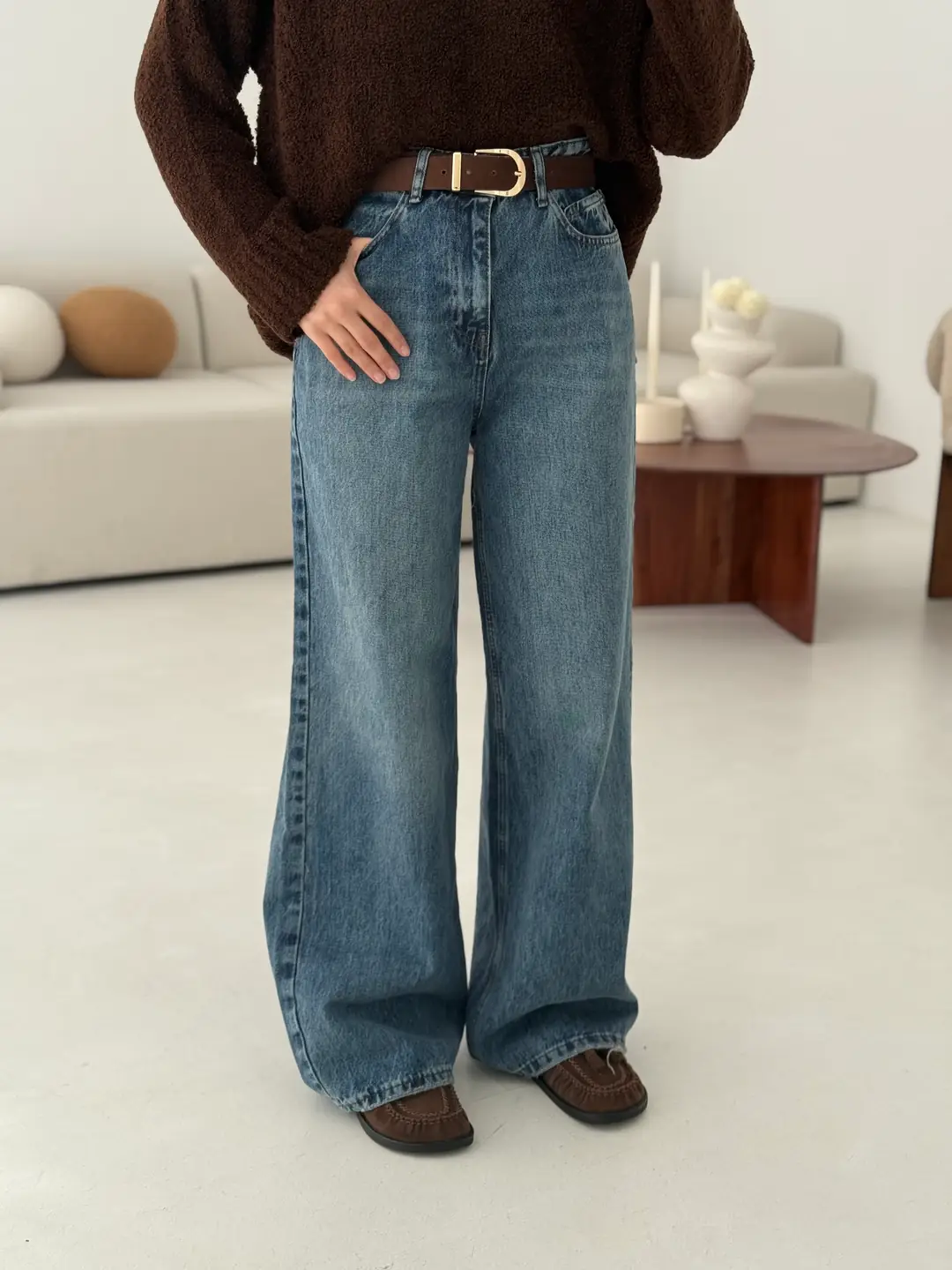 Wide Leg Kahve Kemerli Jean