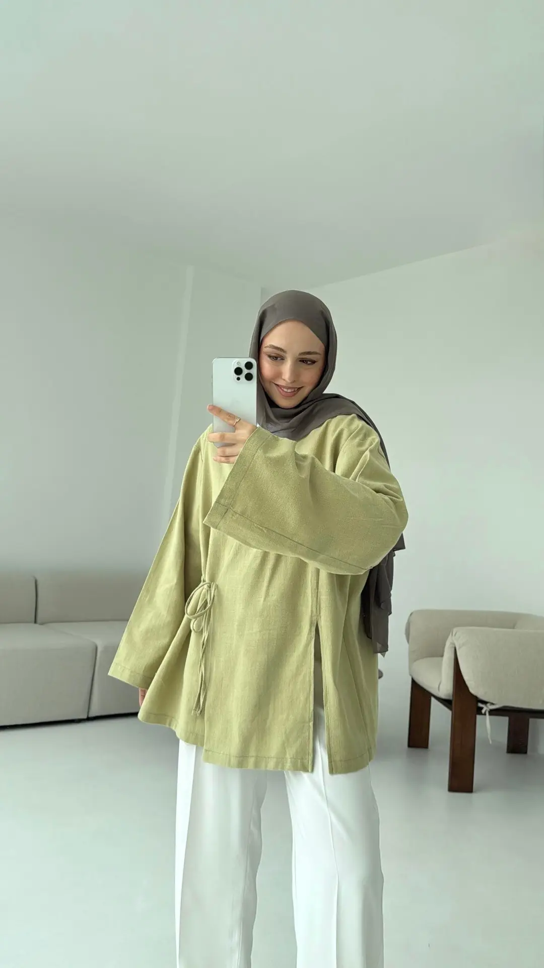 Yağ Yeşili Yırtmaç Detay Keten Kimono - Görsel 4