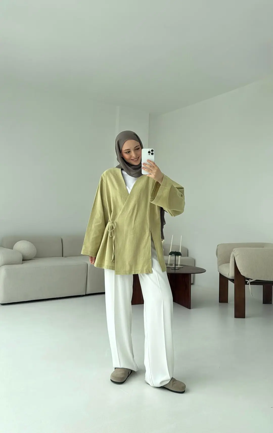 Yağ Yeşili Yırtmaç Detay Keten Kimono - Görsel 5