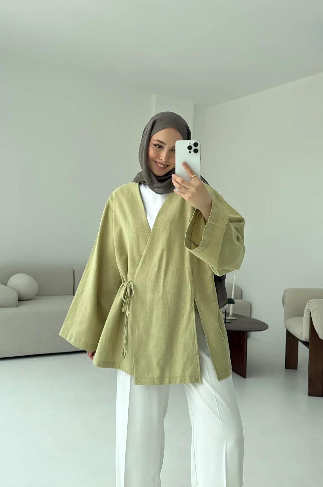 Yağ Yeşili Yırtmaç Detay Keten Kimono - Görsel 6