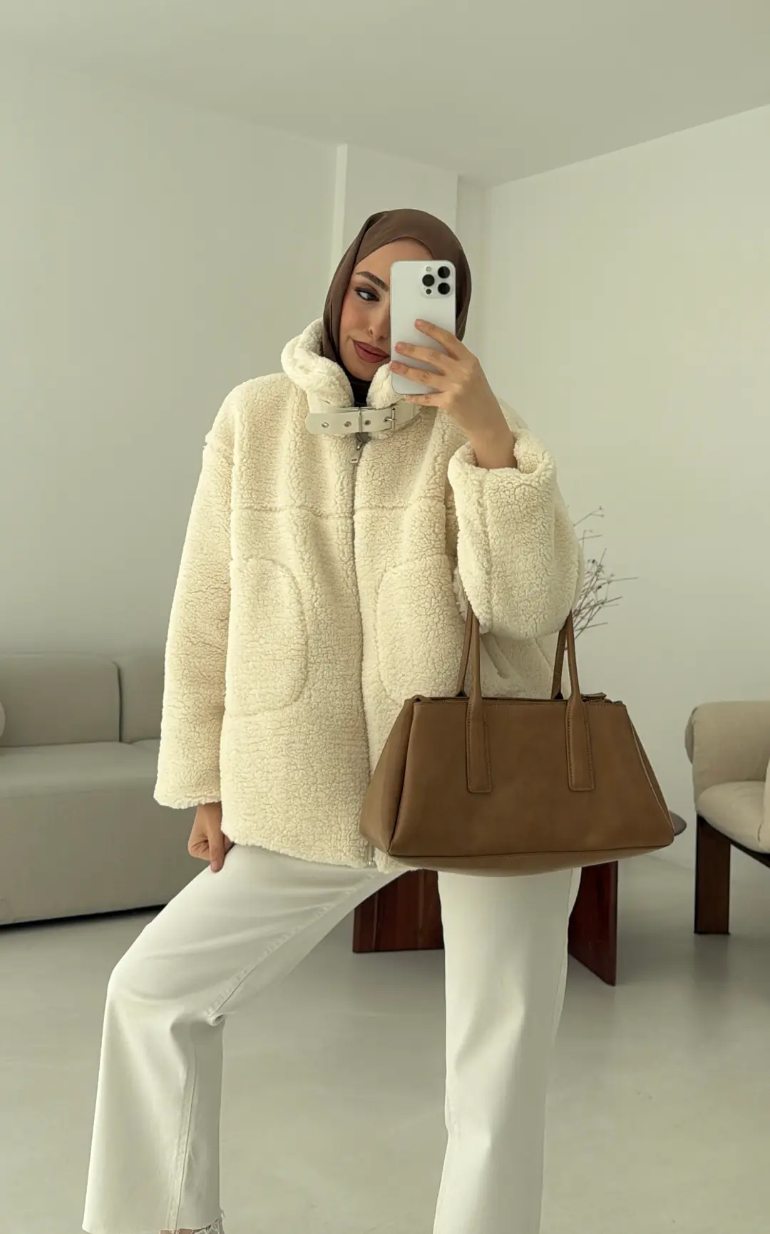 Yaka Toka Detay Biker Ceket Krem - Görsel 3