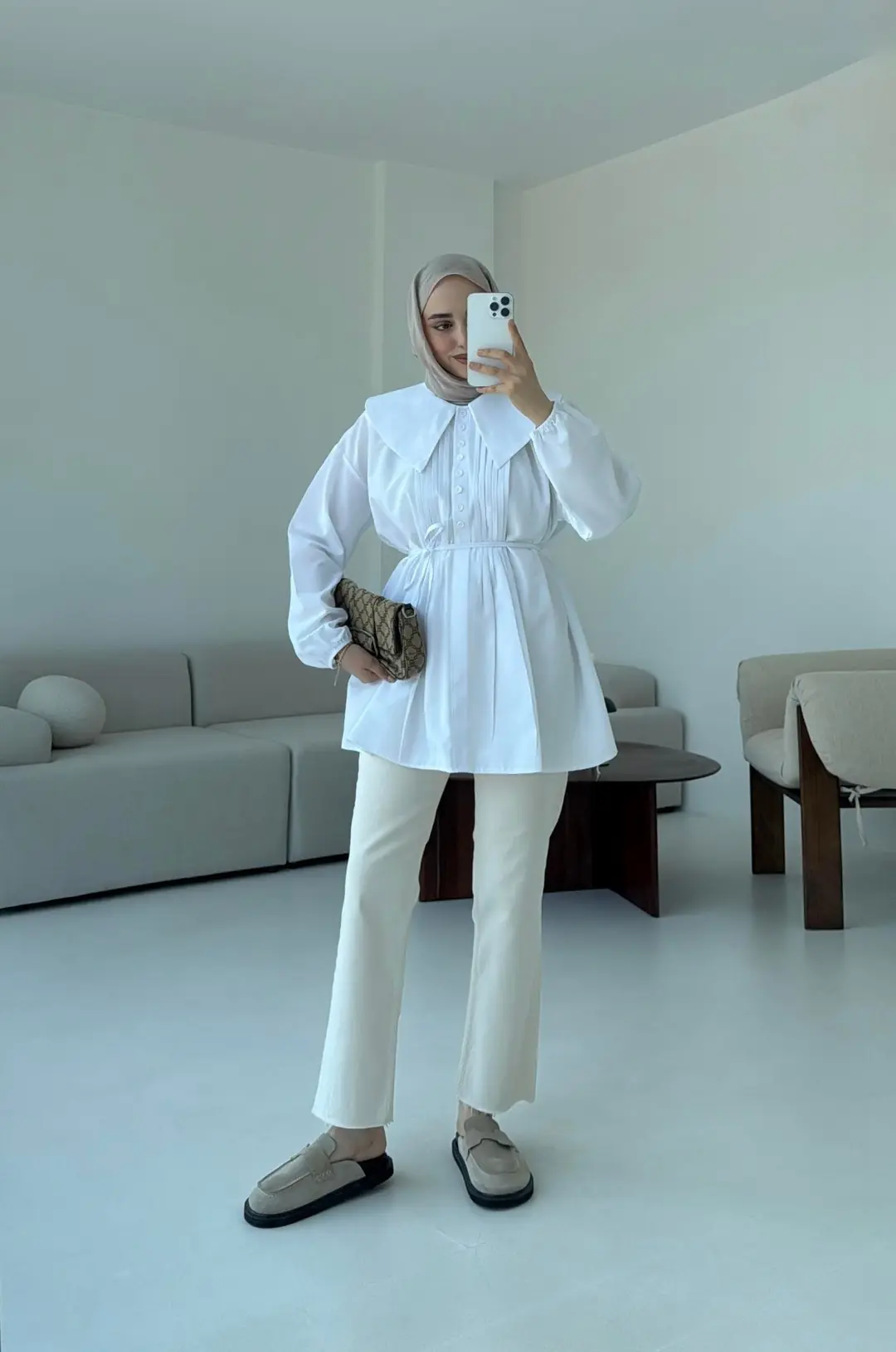 Yakalı Nervüllü Gömlek Beyaz - Görsel 2