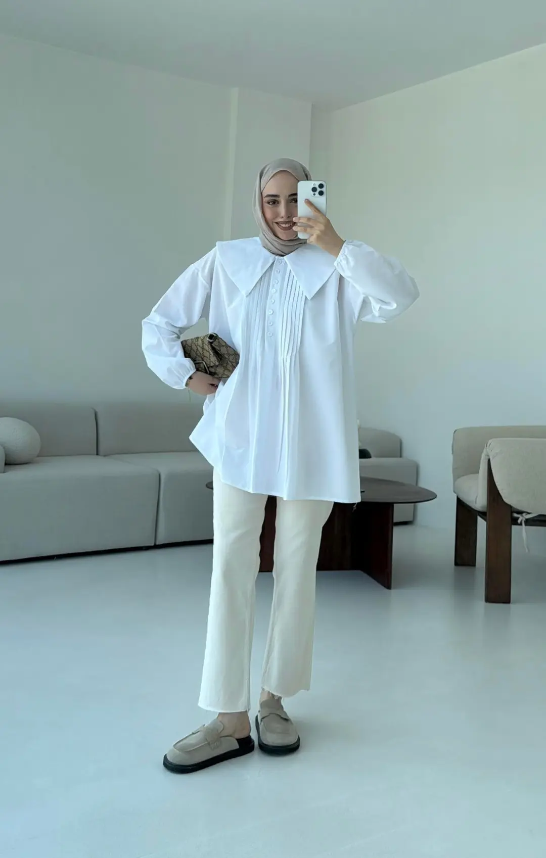 Yakalı Nervüllü Gömlek Beyaz - Görsel 3