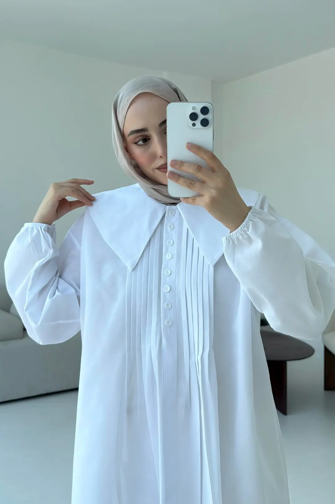 Yakalı Nervüllü Gömlek Beyaz - Görsel 5