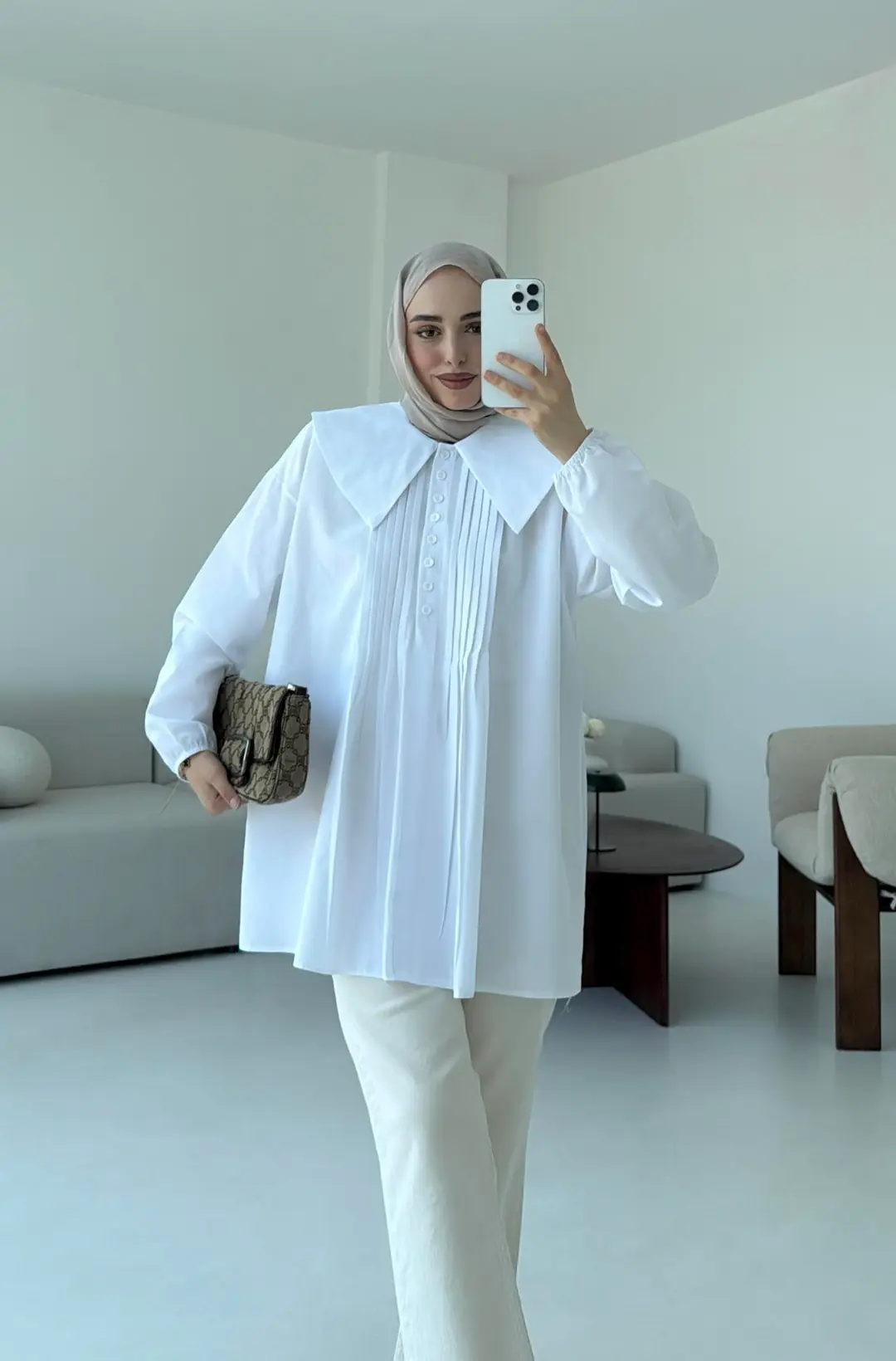 Yakalı Nervüllü Gömlek Beyaz - Görsel 6