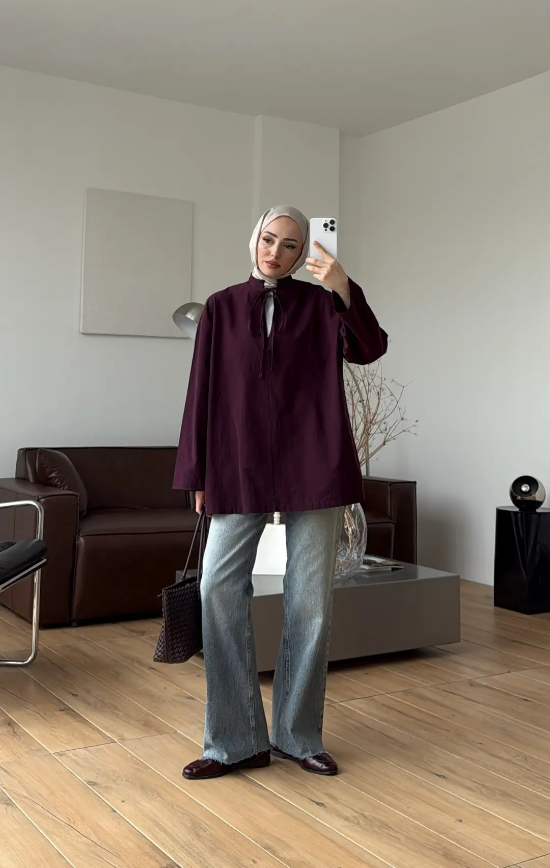 Yakası Bağlamalı Keten Bluz Mürdüm - Görsel 2