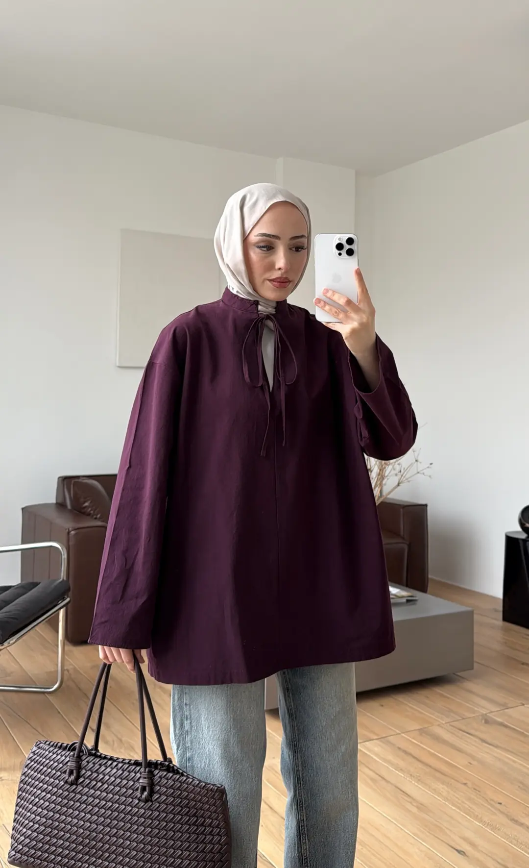 Yakası Bağlamalı Keten Bluz Mürdüm - Görsel 6