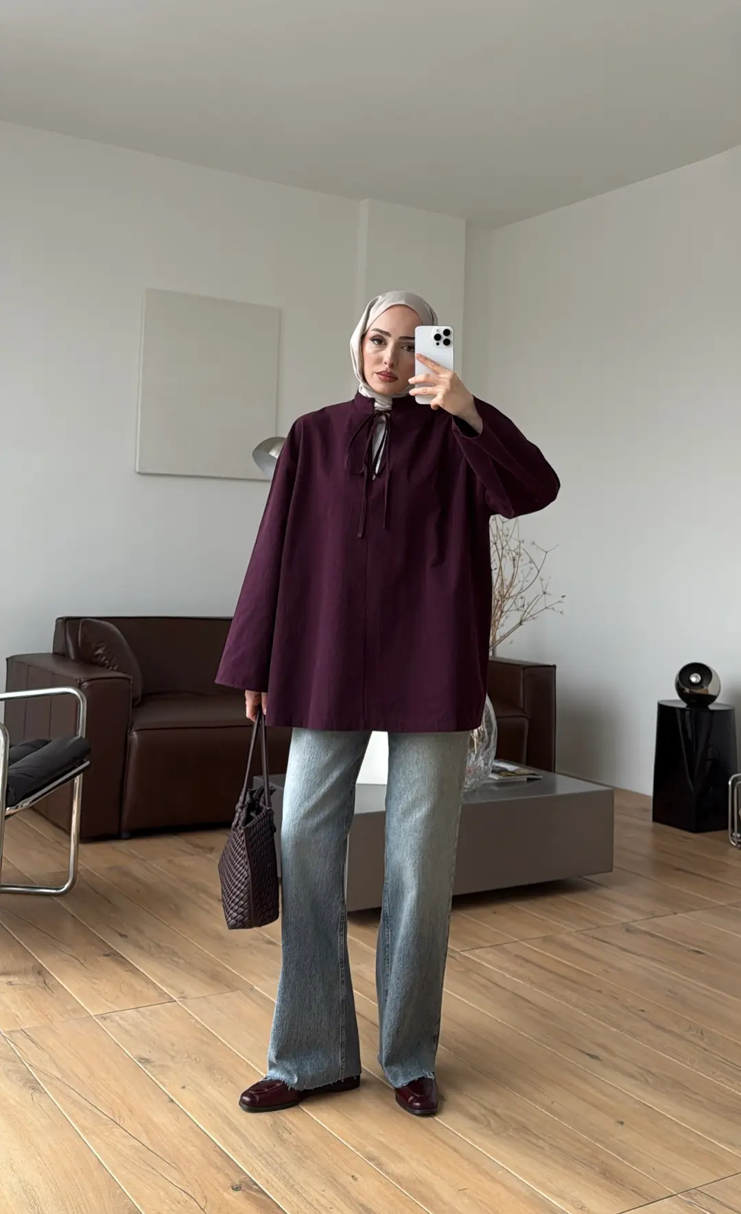 Yakası Bağlamalı Keten Bluz Mürdüm - Görsel 7