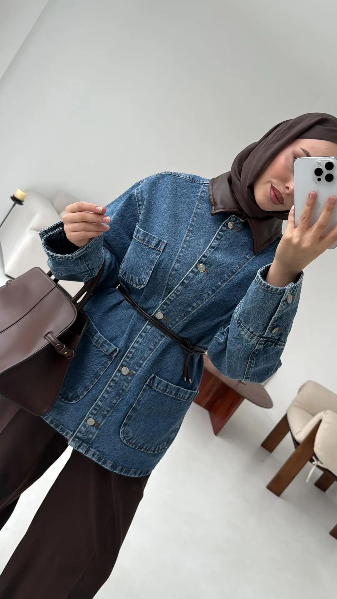 Yakası Deri Denim Ceket - Görsel 5
