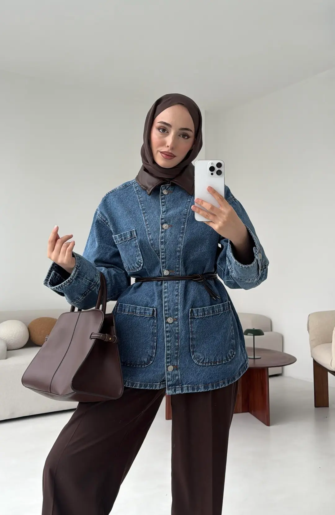 Yakası Deri Denim Ceket - Görsel 8