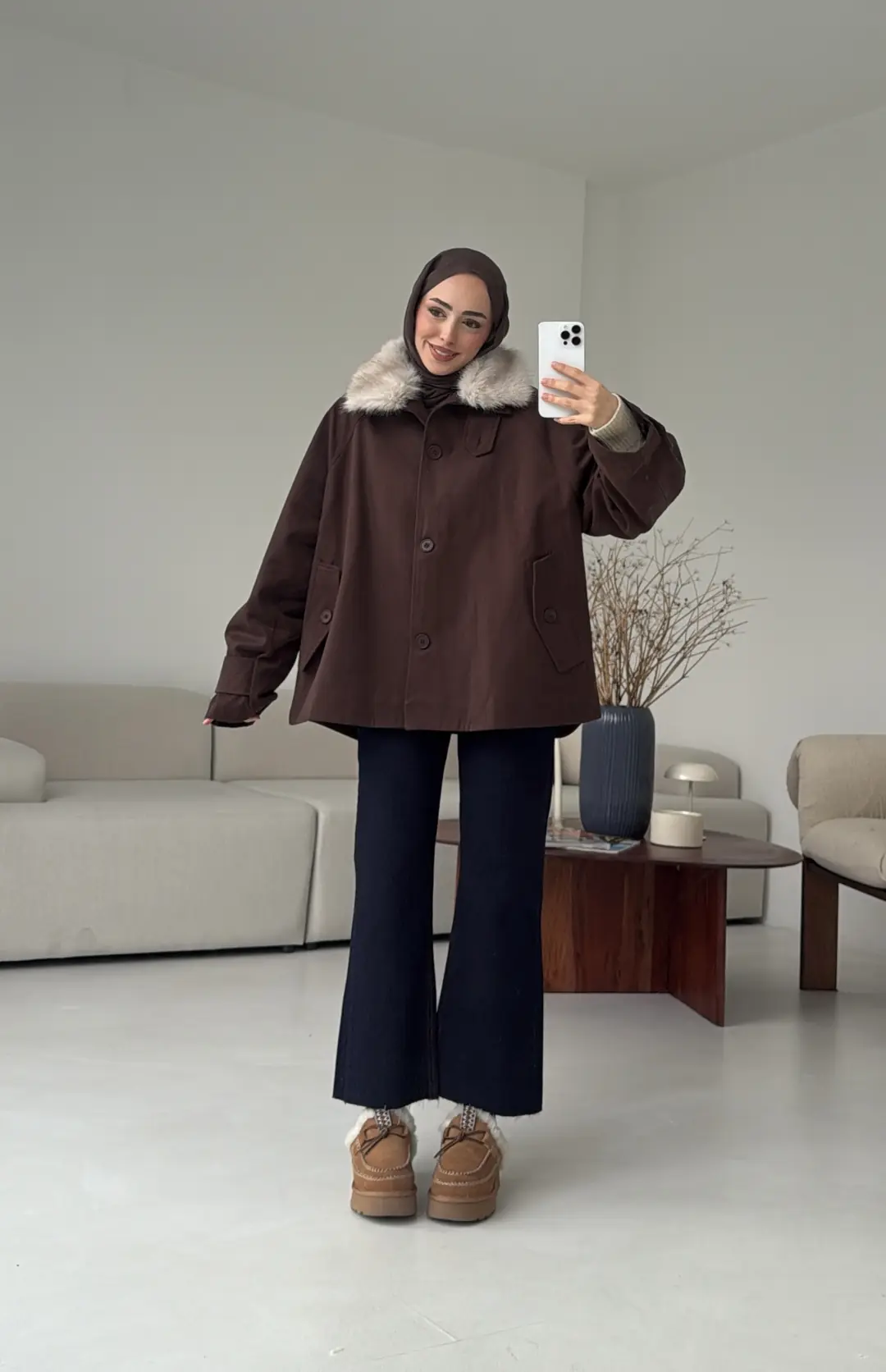 Yakası Kürk Detay Gabardin Ceket - Görsel 2