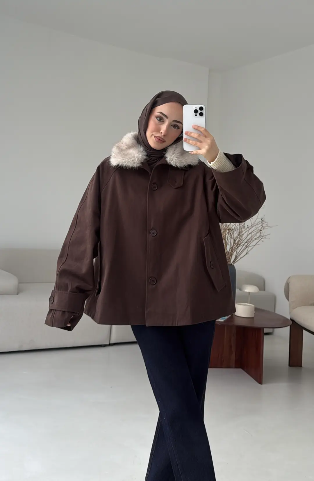 Yakası Kürk Detay Gabardin Ceket - Görsel 3